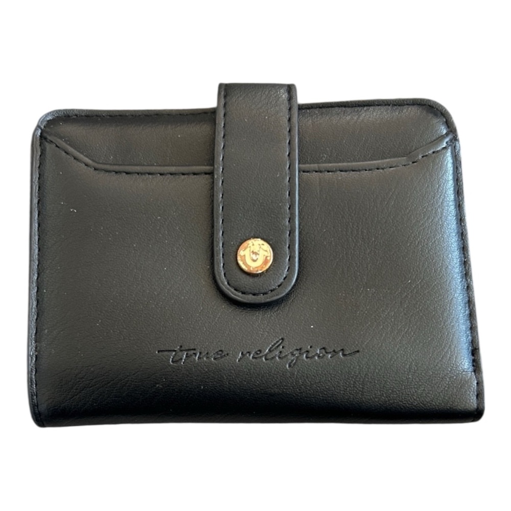 True Religion Black Leather Snap Wallet with Gold Accent EUC